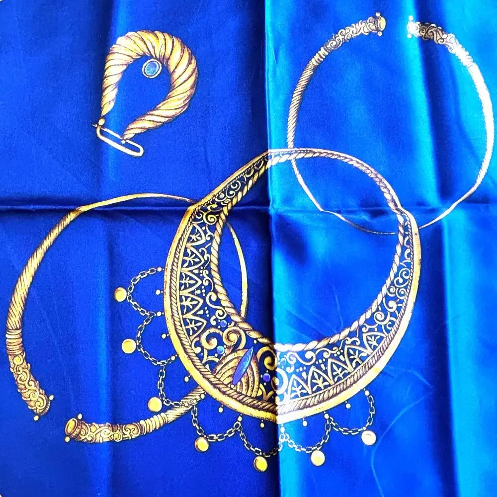 Royal blue & gold silky large square scarf tiaras jewelry gems motif rich luxury